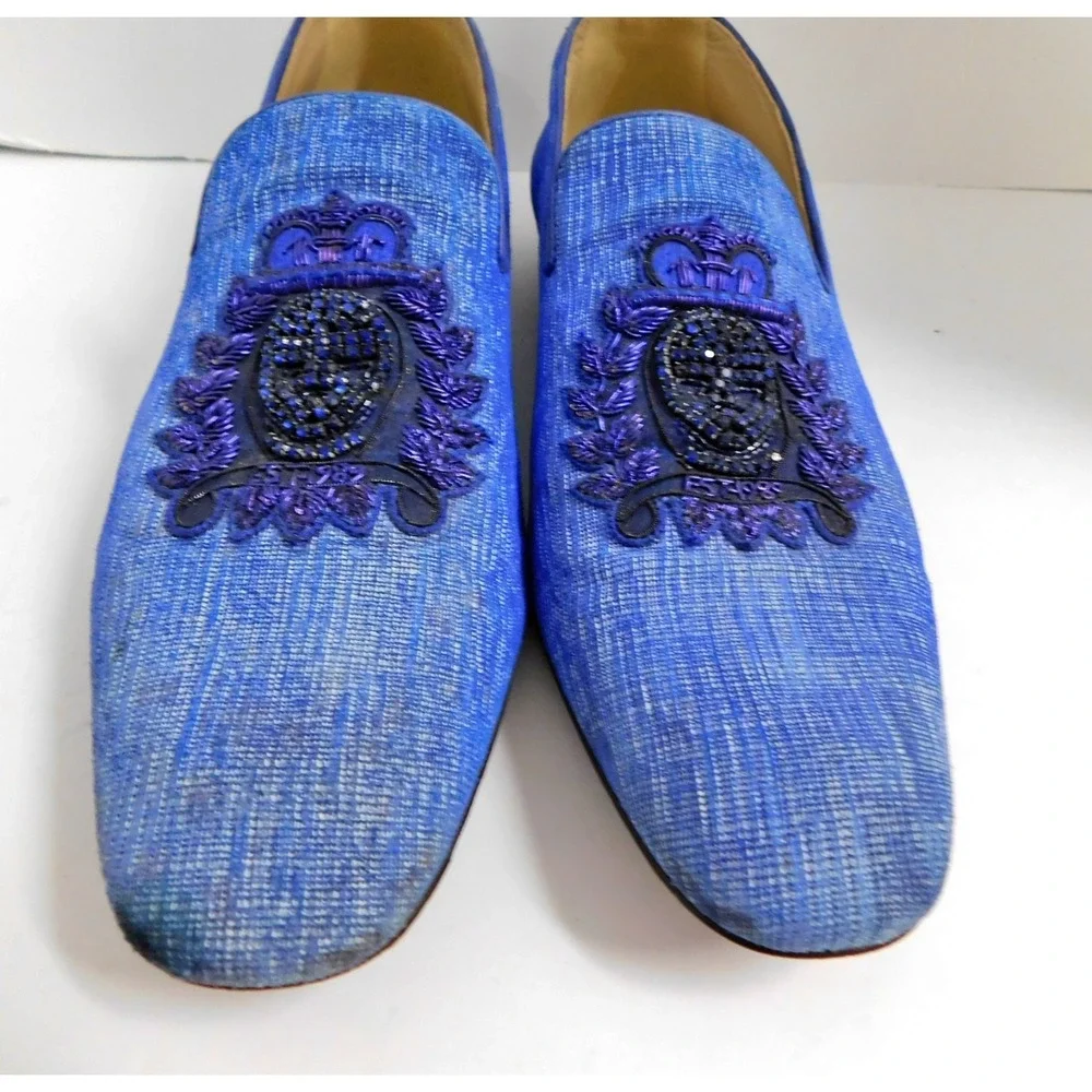 Donald J Pliner PAZANOSP Embellished Crest Linen Loafer, Blue $525rt sz 9.5M‎